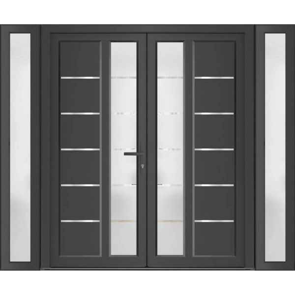 Front Exterior Prehung Metal-Plastic Double Doors / MANUX 8088 Antracite / 2 Sidelites Exterior WindoANT / Office Commercial and Residential Doors Entrance Patio Garage 96" x 80" Left-Hand