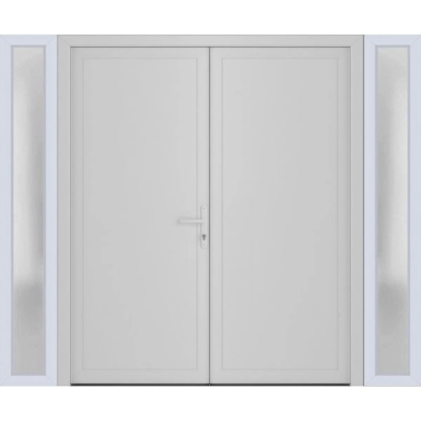 Front Exterior Prehung Metal-Plastic Double Doors / MANUX 8111 White Silk / 2 Sidelites Exterior Windows / Office Commercial and Residential Doors Entrance Patio Garage 96" x 80" Left-Hand