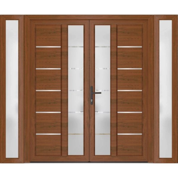 Front Exterior Prehung Metal-Plastic Double Doors / MANUX 8088 Walnut / 2 Sidelites Exterior WindoWLN / Office Commercial and Residential Doors Entrance Patio Garage 96" x 80" Right-Hand
