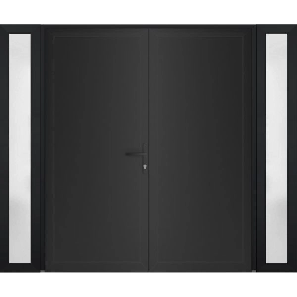 Front Exterior Prehung Metal-Plastic Double Doors / MANUX 8111 Matte Black / 2 Sidelites Exterior Windows / Office Commercial and Residential Doors Entrance Patio Garage 96" x 80" Left-Hand