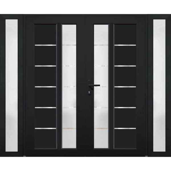 Front Exterior Prehung Metal-Plastic Double Doors / MANUX 8088 Matte Black / 2 Sidelites Exterior Windows / Office Commercial and Residential Doors Entrance Patio Garage 96" x 80" Right-Hand