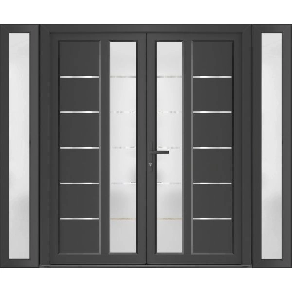 Front Exterior Prehung Metal-Plastic Double Doors / MANUX 8088 Antracite / 2 Sidelites Exterior WindoANT / Office Commercial and Residential Doors Entrance Patio Garage 96" x 80" Right-Hand