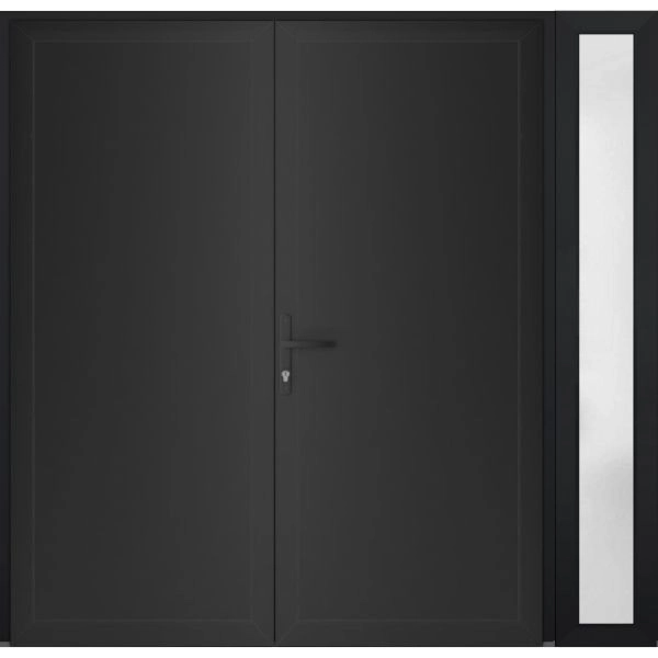 Front Exterior Prehung Metal-Plastic Double Doors / MANUX 8111 Matte Black / Sidelite Exterior Window / Office Commercial and Residential Doors Entrance Patio Garage 84" x 80" Right-Hand