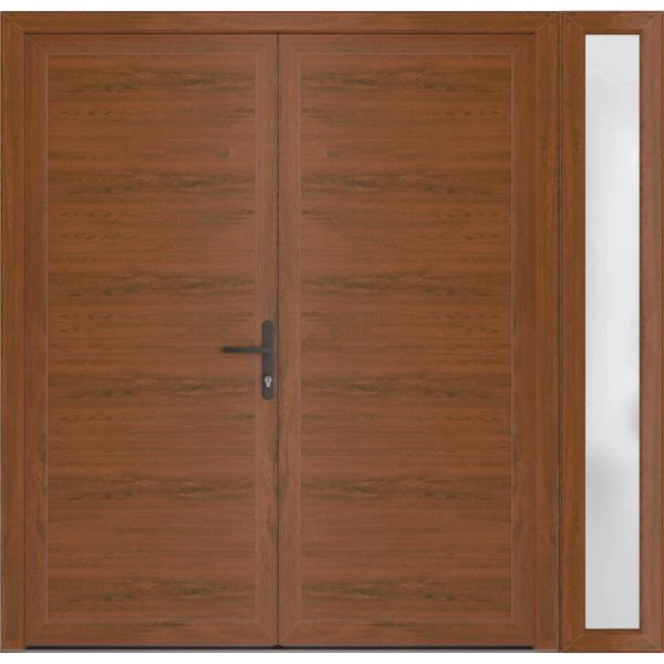 Front Exterior Prehung Metal-Plastic Double Doors / MANUX 8111 Walnut / Sidelite Exterior Window / Office Commercial and Residential Doors Entrance Patio Garage 84" x 80" Left-Hand