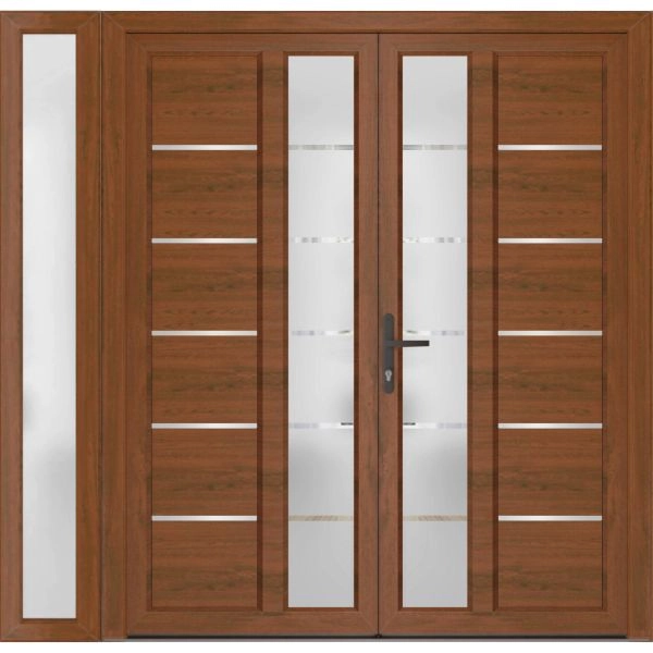 Front Exterior Prehung Metal-Plastic Double Doors / MANUX 8088 Walnut / Sidelite Exterior Window / Office Commercial and Residential Doors Entrance Patio Garage 84" x 80" Right-Hand