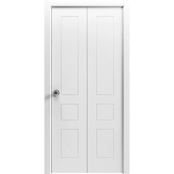 Sliding Closet Bi-fold Doors 36 x 80 inches | Mela 0733 Painted White | Sturdy Tracks Moldings Trims Hardware Set | Wood Solid Bedroom Wardrobe Doors