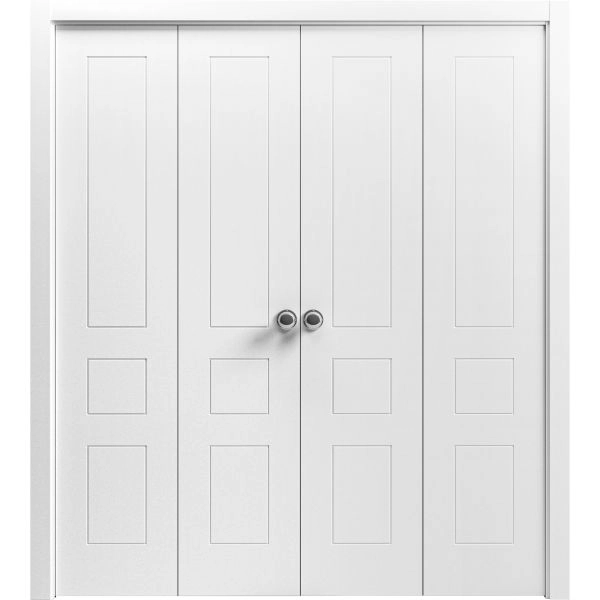 Sliding Closet Double Bi-fold Doors 72 x 80 inches | Mela 0733 Painted White | Sturdy Tracks Moldings Trims Hardware Set | Wood Solid Bedroom Wardrobe Doors