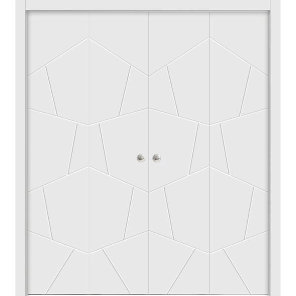 Sliding Closet Double Bi-fold Doors | Planum 0990 Painted White Matte | Sturdy Tracks Moldings Trims Hardware Set | Wood Solid Bedroom Wardrobe Doors 