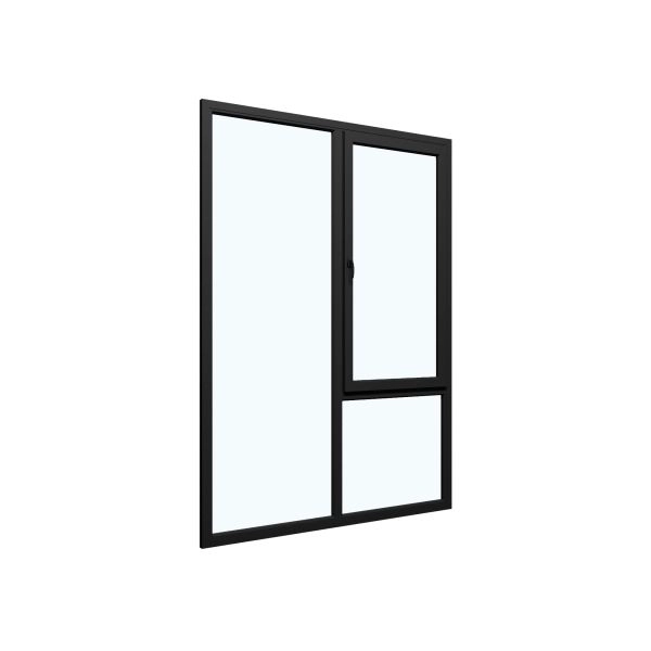 Three-Part Window PVC, Size 59 x 87, Upper Section Operable, Black Color, Double Pane, Transpered Glass (View from inside)