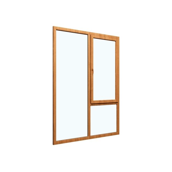 Three-Part Window Aluminum, Size 59 x 87, Upper Section Operable, Golden Oak Color, Triple Pane, Transpered Glass (View from inside)