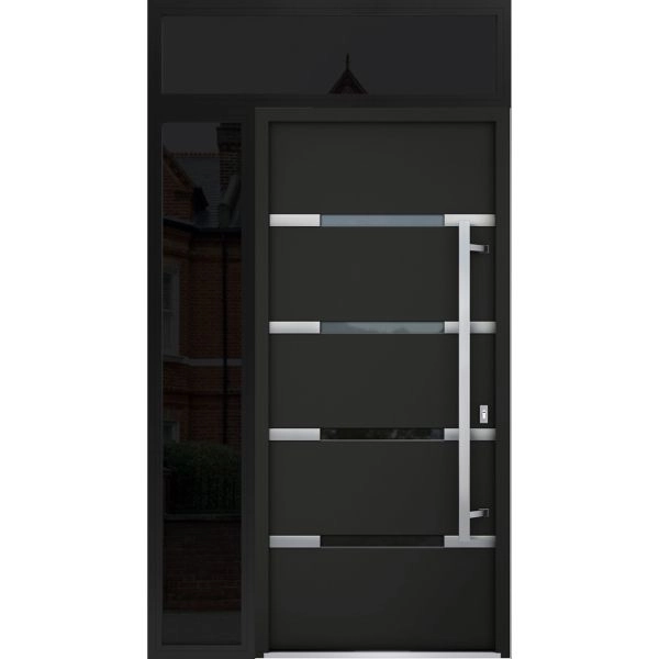 Front Exterior Prehung Steel Door / Deux 1105 Black Enamel / Sidelight and Transom Window Sidelite / Stainless Inserts Entry Metal Modern Painted W36+12" x H80+16" Left hand Inswing