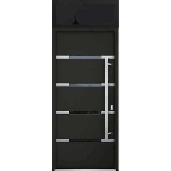 Front Exterior Prehung Steel Door / Deux 1105 Black Enamel / Transom Window Sidelite / Stainless Inserts Entry Metal Modern Painted W36" x H80+16" Left hand Inswing