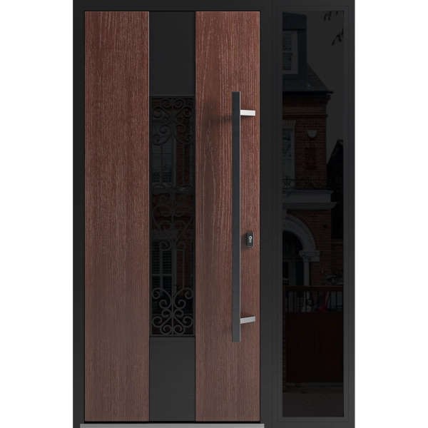 Front Exterior Prehung Steel Door / Ronex 1205 Bronze Oak / Sidelight Exterior Window Sidelite / Entry Metal Modern Painted W36+12" x H80" Left hand Inswing