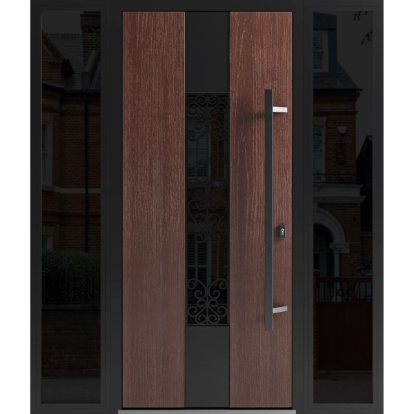 Front Exterior Prehung Steel Door / Ronex 1205 Bronze Oak / 2 Sidelight Exterior Windows Sidelites/ Entry Metal Modern Painted W12+36+12" x H80" Left hand Inswing