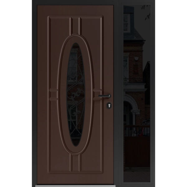 Front Exterior Prehung Steel Door / Ronex 1277 Brown / Sidelight Exterior Window Sidelite / Entry Metal Modern Painted W36+12" x H80" Left hand Inswing