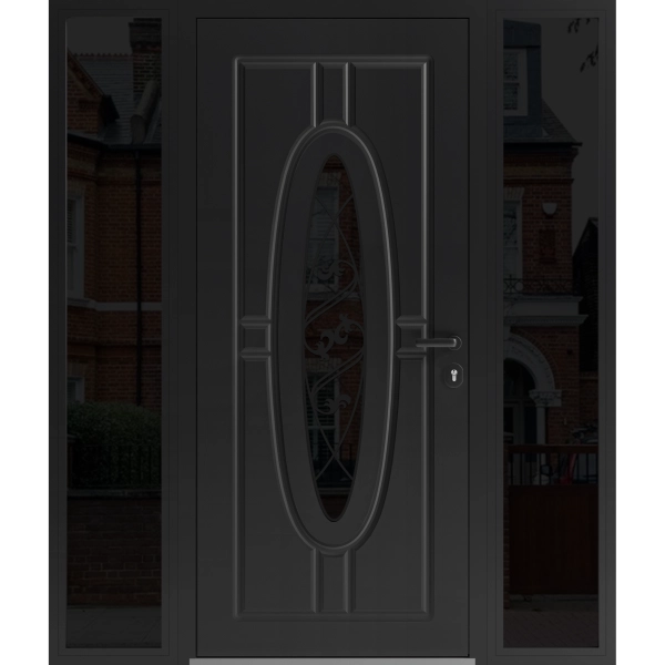 Front Exterior Prehung Steel Door / Ronex 1277 Black Enamel / 2 Sidelight Exterior Windows Sidelites/ Stainless Inserts Entry Metal Modern Painted W12+36+12" x H80" Left hand Inswing