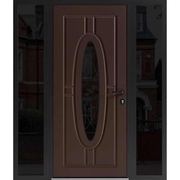 Front Exterior Prehung Steel Door / Ronex 1277 Brown / 2 Sidelight Exterior Windows Sidelites/ Entry Metal Modern Painted W12+36+12" x H80" Left hand Inswing