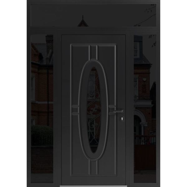 Front Exterior Prehung Steel Door / Ronex 1277 Black Enamel / 2 Sidelight and Transom Window Sidelite / Stainless Inserts Entry Metal Modern Painted W12+36+12" x H80+16" Left hand Inswing