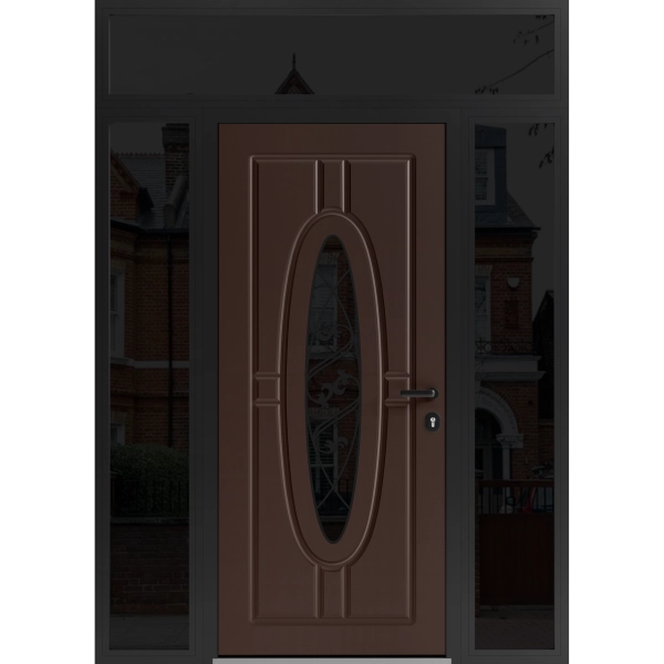 Front Exterior Prehung Steel Door / Ronex 1277 Brown / 2 Sidelight and Transom Window Sidelite / Entry Metal Modern Painted W12+36+12" x H80+16" Left hand Inswing