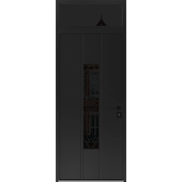 Front Exterior Prehung Steel Door / Ronex 1477 Black Enamel / Transom Window Sidelite / Stainless Inserts Entry Metal Modern Painted W36" x H80+16" Left hand Inswing