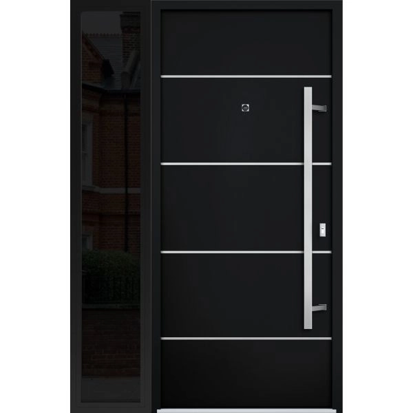 Front Exterior Prehung Steel Door / Deux 6083 Black Enamel / Sidelight Exterior Window Sidelite / Stainless Inserts Entry Metal Modern Painted W36+12" x H80" Left hand Inswing