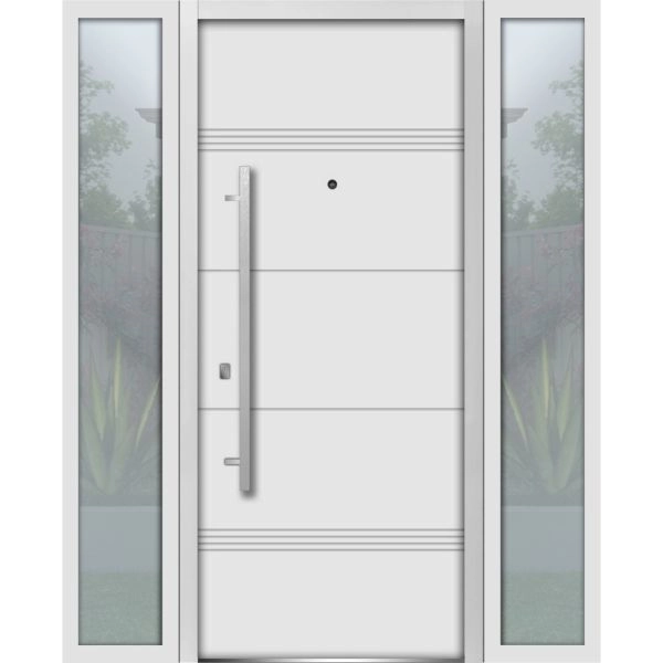 Front Exterior Prehung Steel Door / Deux 1705 White Enamel / 2 Sidelight Exterior Black Windows / Stainless Inserts Single Modern Painted-W12+36+12" x H80"-Right-hand Inswing
