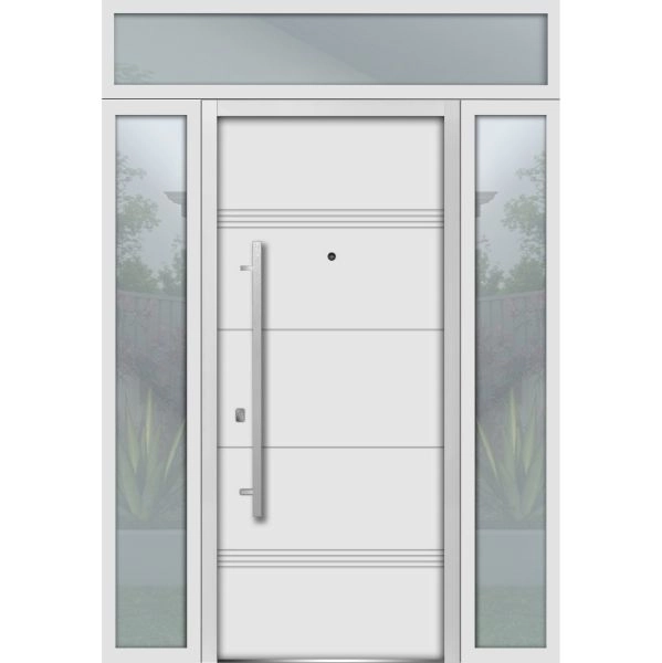 Front Exterior Prehung Steel Door / Deux 1705 White Enamel / 2 Sidelight and Transom Black Window / Stainless Inserts Single Modern Painted-W12+36+12" x H80+16"-Right-hand Inswing