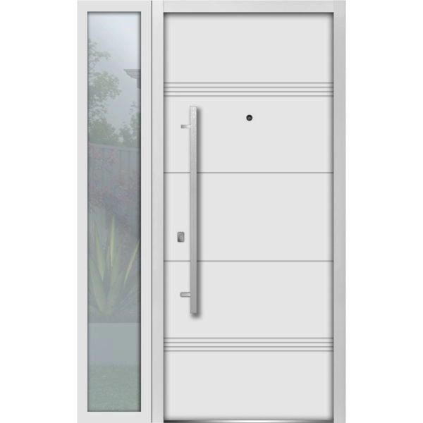 Front Exterior Prehung Steel Door / Deux 1705 White Enamel / Sidelight Exterior Black Window / Stainless Inserts Single Modern Painted-W36+12" x H80"-Right-hand Inswing