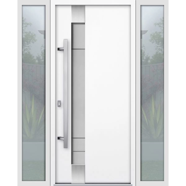 Front Exterior Prehung Steel Door / Deux 1713 White Enamel / 2 Sidelight Exterior Black Windows / Stainless Inserts Single Modern Painted-W12+36+12" x H80"-Right-hand Inswing