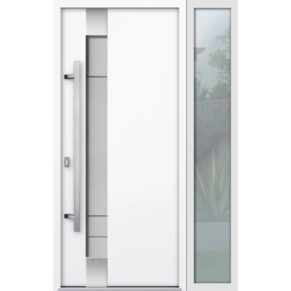 Front Exterior Prehung Steel Door / Deux 1713 White Enamel / Sidelight Exterior Black Window / Stainless Inserts Single Modern Painted-W36+12" x H80"-Right-hand Inswing