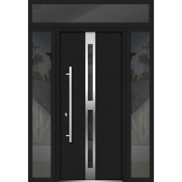 Front Exterior Prehung Steel Door / Deux 1755 Black Enamel / 2 Sidelight and Transom Window / Stainless Inserts Single Modern Painted-W12+36+12" x H80+16"-Right-hand Inswing