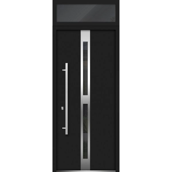 Front Exterior Prehung Steel Door / Deux 1755 Black Enamel / Transom Window / Stainless Inserts Single Modern Painted-W36" x H80+16"-Right-hand Inswing