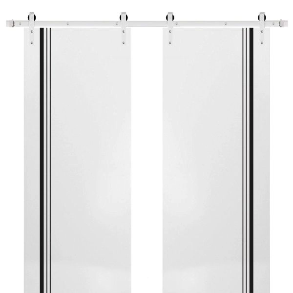 Sturdy Double Barn Door with Hardware | Planum 0011 White Silk and Aluminum Strips | Silver 13FT Rail Hangers Heavy Set | Modern Solid Panel Interior Doors