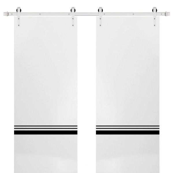 Sturdy Double Barn Door with Hardware | Planum 0012 White Silk and Aluminum Strips | Silver 13FT Rail Hangers Heavy Set | Modern Solid Panel Interior Doors