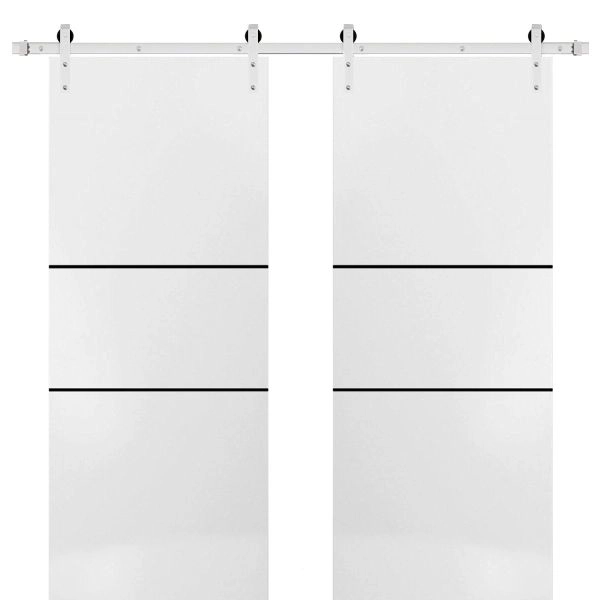 Sturdy Double Barn Door with Hardware | Planum 0014 White Silk and Aluminum Strips | Silver 13FT Rail Hangers Heavy Set | Modern Solid Panel Interior Doors