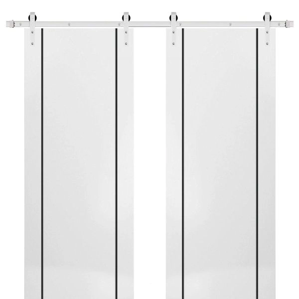 Sturdy Double Barn Door with Hardware | Planum 0017 White Silk and Aluminum Strips | 13FT Rail Hangers Heavy Set | Modern Solid Panel Interior Doors-36" x 80" (2* 18x80)