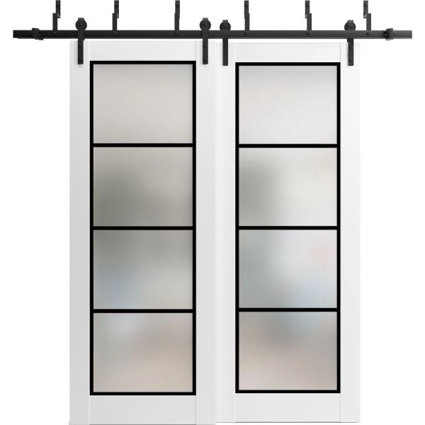 Sliding Closet Barn Bypass Doors with Hardware | Planum 2132 White Silk with Frosted Glass and Aluminum Strips | Sturdy 6.6ft Rails Hardware Set | Modern Wood Solid Bedroom Wardrobe Doors