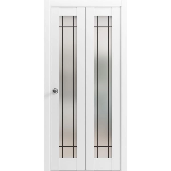 Sliding Closet Bi-fold Doors | Planum 2112 White Silk with Frosted Glass and Aluminum Strips | Sturdy Tracks Moldings Trims Hardware Set | Wood Solid Bedroom Wardrobe Doors