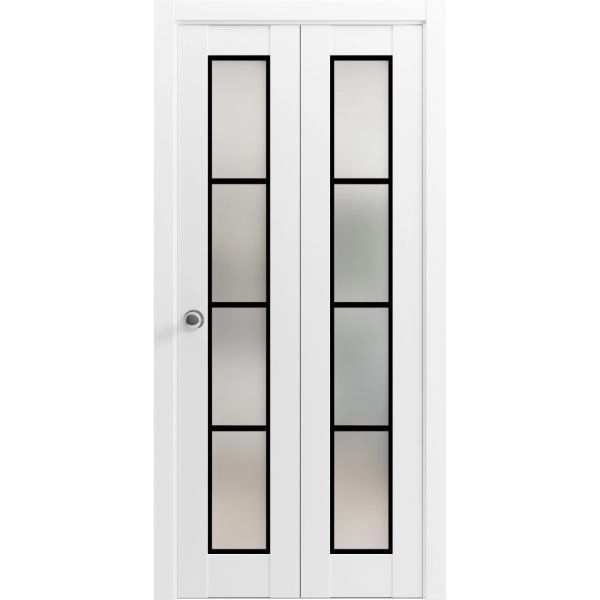 Sliding Closet Bi-fold Doors | Planum 2132 White Silk with Frosted Glass and Aluminum Strips | Sturdy Tracks Moldings Trims Hardware Set | Wood Solid Bedroom Wardrobe Doors