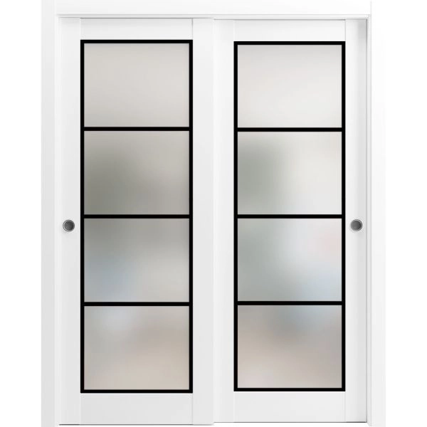 Sliding Closet Bypass Doors with Hardware | Planum 2132 White Silk with Frosted Glass and Aluminum Strips | Sturdy Rails Moldings Trims Hardware Set | Modern Wood Solid Bedroom Wardrobe Doors