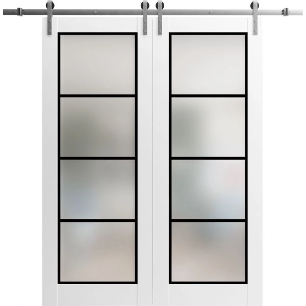Sturdy Double Barn Door | Planum 2132 White Silk with Frosted Glass and Aluminum Strips | 13FT Silver Rail Hangers Heavy Set | Solid Panel Interior Doors