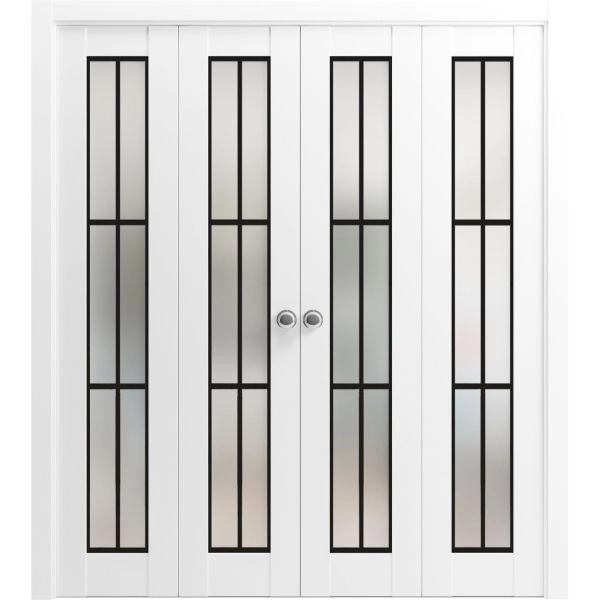 Sliding Closet Double Bi-fold Doors | Planum 2122 White Silk with Frosted Glass and Aluminum Strips | Sturdy Tracks Moldings Trims Hardware Set | Wood Solid Bedroom Wardrobe Doors