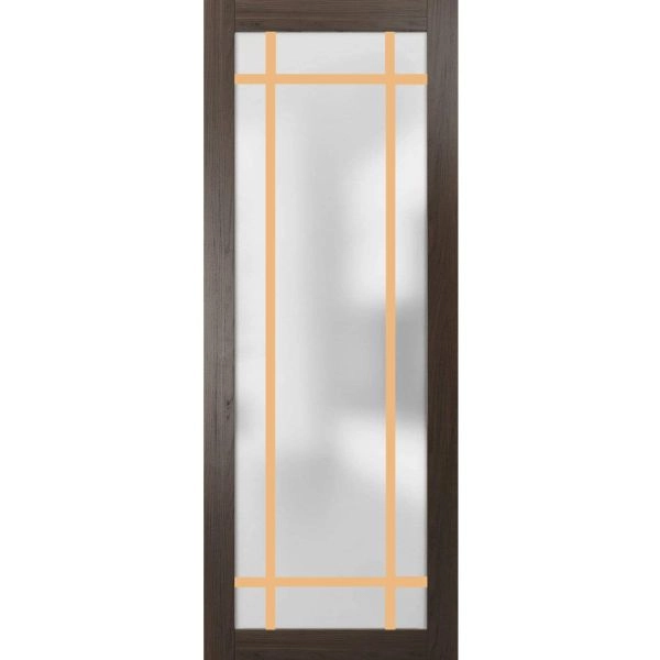 Slab Barn Door Panel | Planum 2113 Chocolate Ash with Frosted Glass and Aluminum Strips | Sturdy Finished Doors | Pocket Closet Sliding