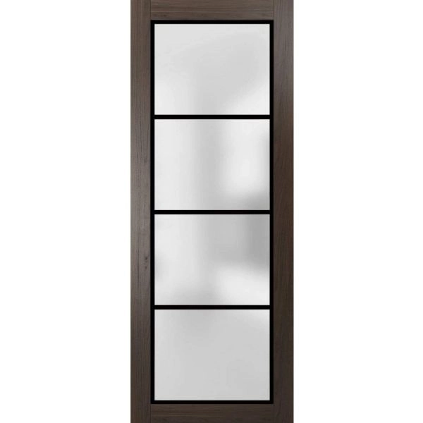 Slab Barn Door Panel | Planum 2132 Chocolate Ash with Frosted Glass and Aluminum Strips | Sturdy Finished Doors | Pocket Closet Sliding