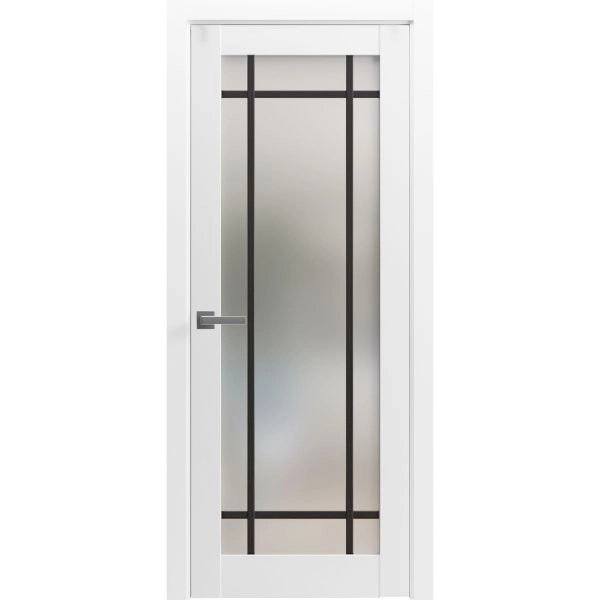 Solid French Door | Planum 2112 White Silk with Frosted Glass and Aluminum Strips | Single Regular Panel Frame Trims Handle | Bathroom Bedroom Sturdy Doors