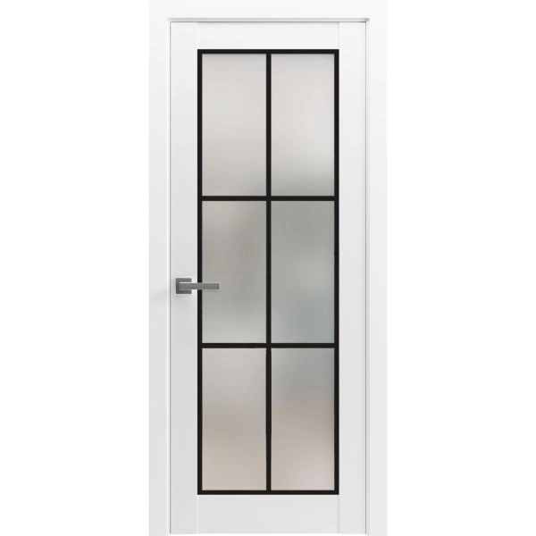 Solid French Door | Planum 2122 White Silk with Frosted Glass and Aluminum Strips | Single Regular Panel Frame Trims Handle | Bathroom Bedroom Sturdy Doors