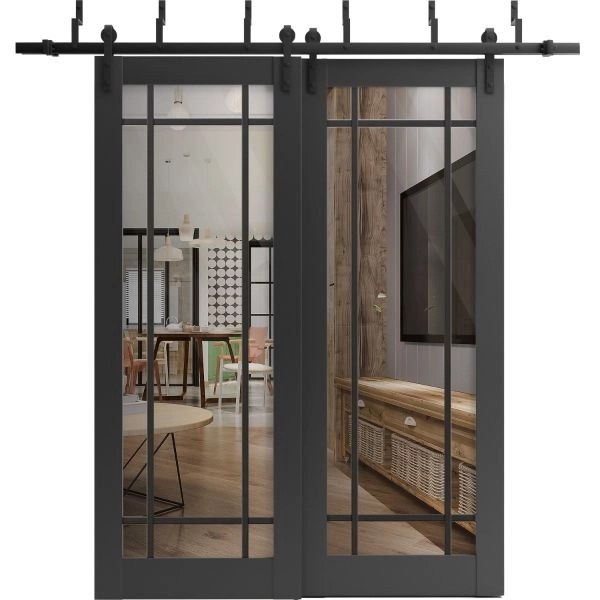 Sliding Closet Barn Bypass Doors | Lucia 2266 Matte Black with Clear Glass and Aluminum Strips | Sturdy 6.6ft Rails Hardware Set | Wood Solid Bedroom Wardrobe Doors