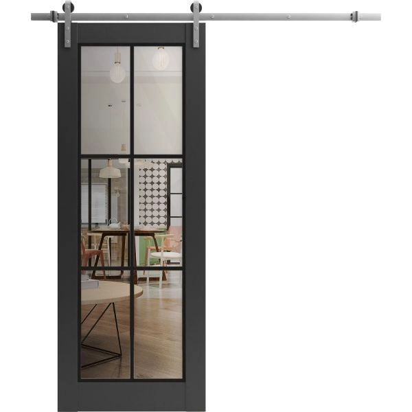 Sturdy Barn Door | Lucia 2366 Matte Black with Clear Glass and Aluminum Strips | 6.6FT Silver Rail Hangers Heavy Hardware Set | Modern Solid Panel Interior Doors