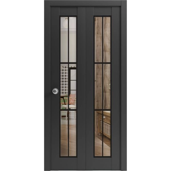 Sliding Closet Bi-fold Doors | Lucia 2366 Matte Black with Clear Glass and Aluminum Strips | Sturdy Tracks Moldings Trims Hardware Set | Wood Solid Bedroom Wardrobe Doors