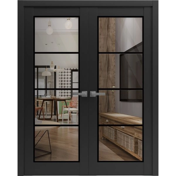 Solid French Double Doors | Lucia 2466 Matte Black with Clear Glass and Aluminum Strips | Wood Solid Panel Frame Trims | Closet Bedroom Sturdy Doors